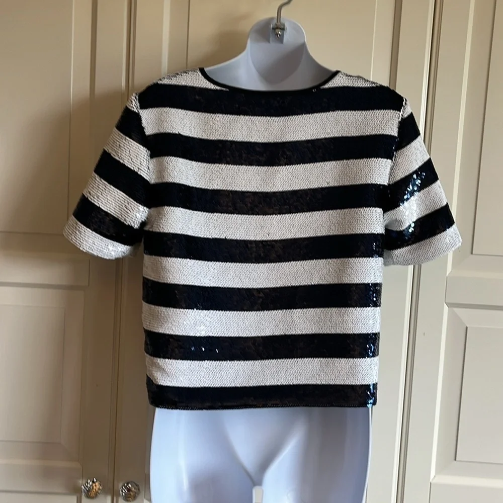 Sandro striped sequin blouse navy/white Size XS/S Elegant Chic Nautical - Picture 7 of 14